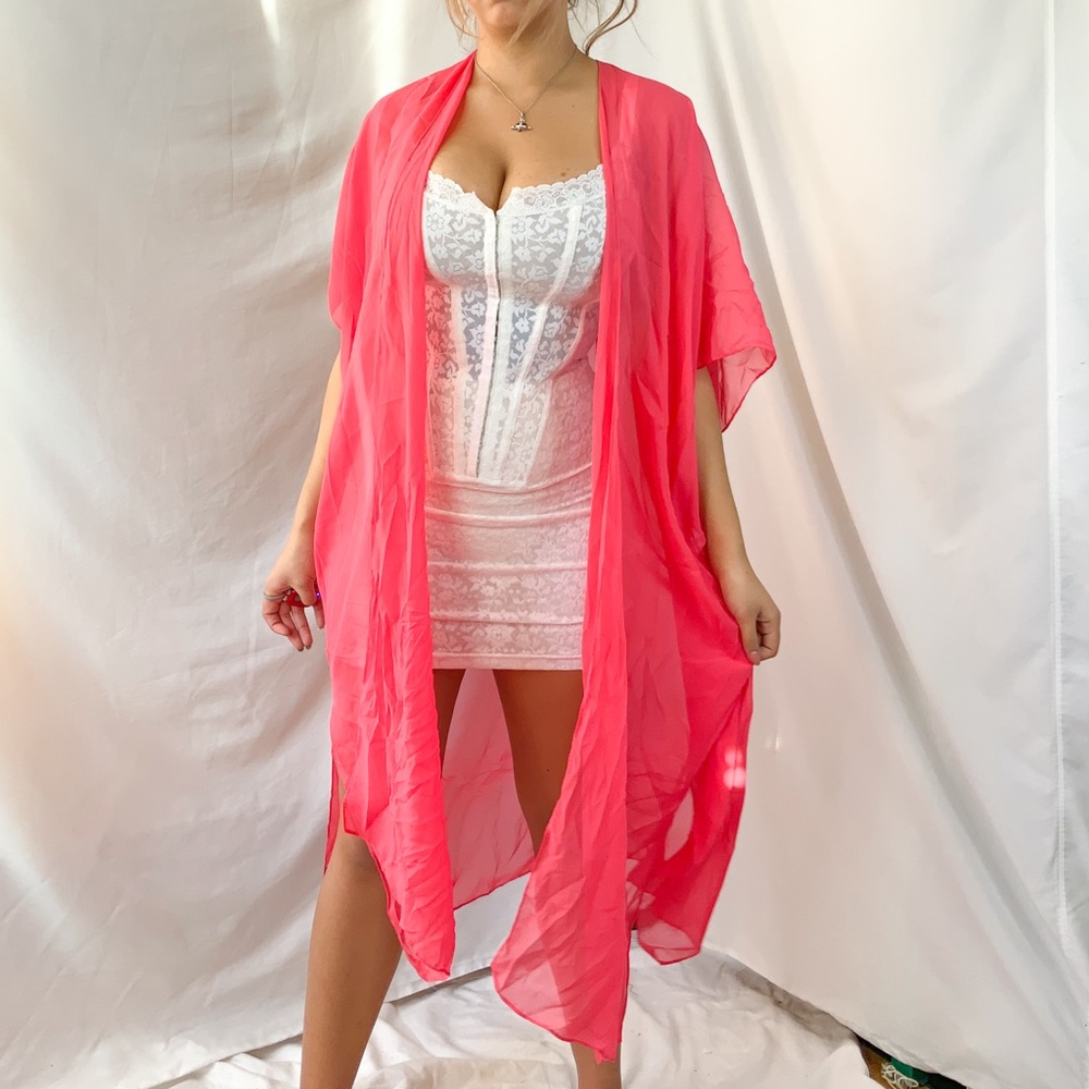 Pink coral chiffon mesh long maxi cardigan duster kimono